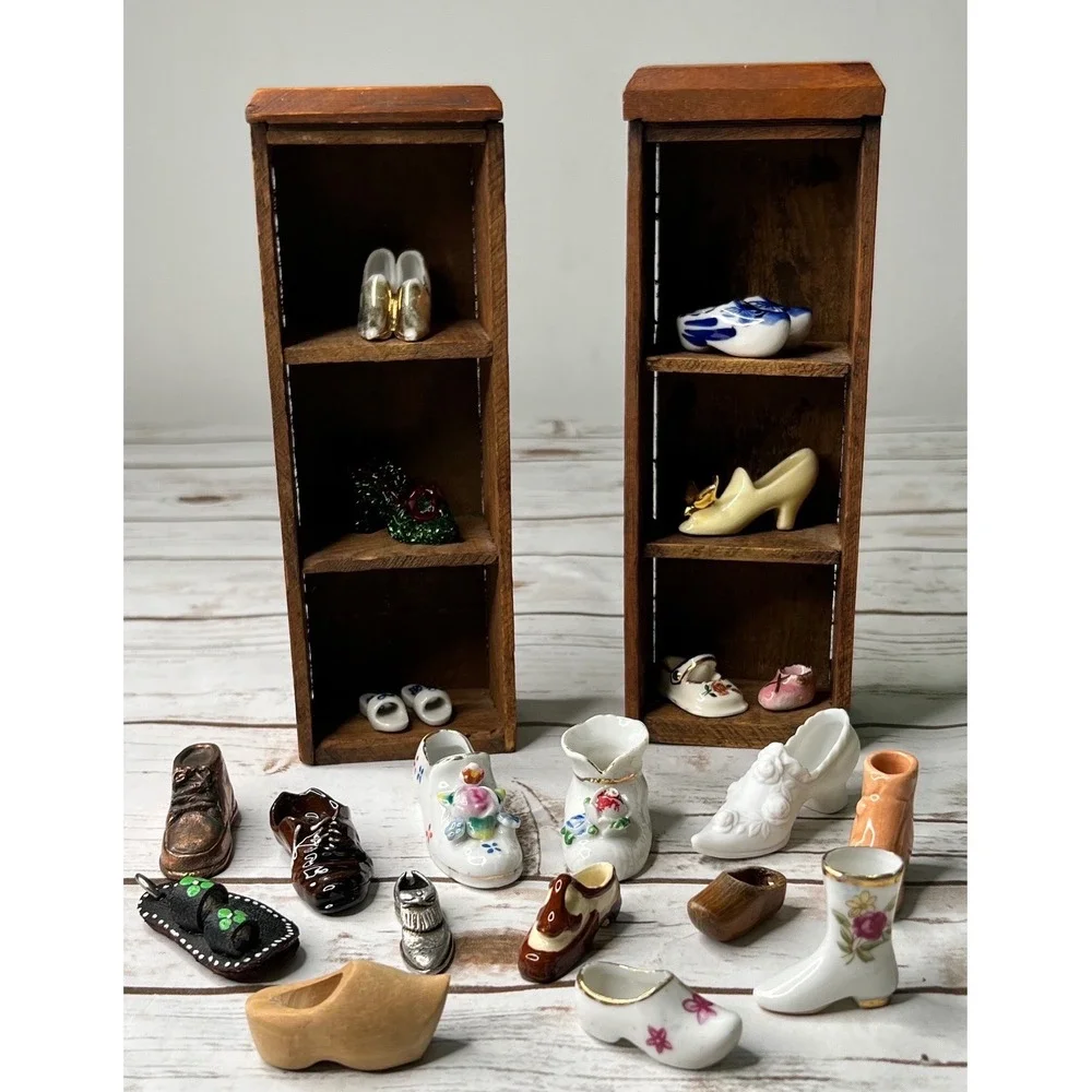 Vintage Miniature Shoe Collection Multicolor Porcelain Glass Wood Shelves OS